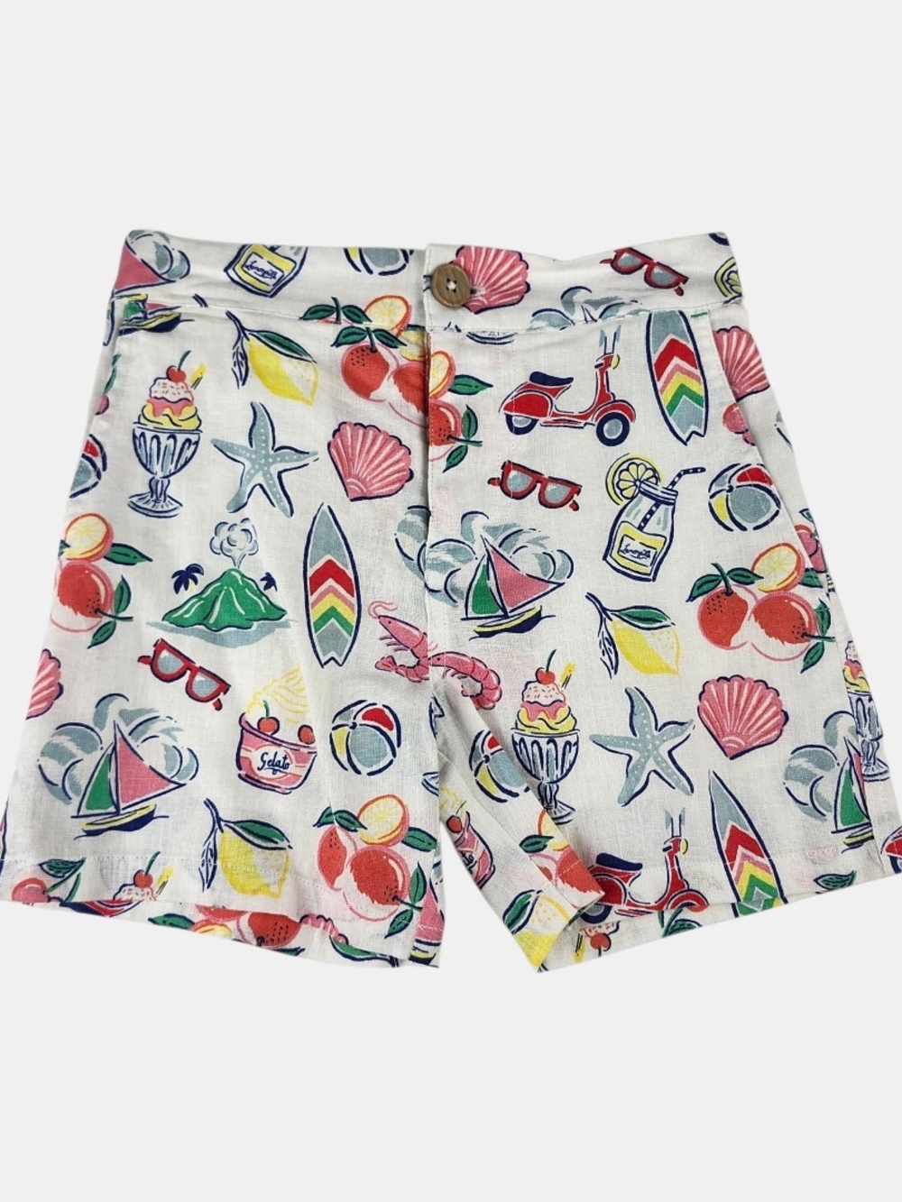 Mini Boden White Linen Shorts In Multicolor Beach Print